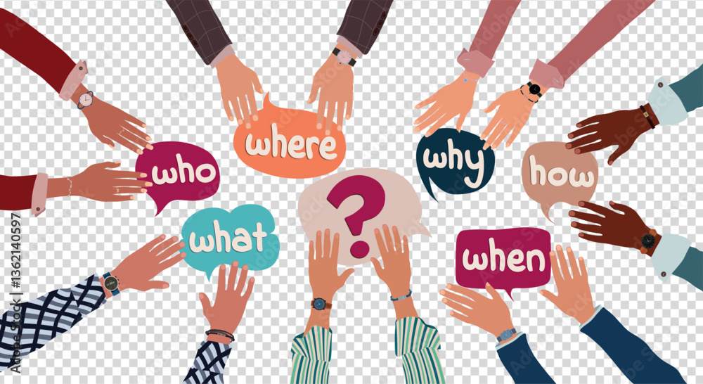 Obraz premium Hands of business people on transparent background with speech bubble with text -Who What Where When Why How- and question mark symbol. Problem solving or brainstorming concept
