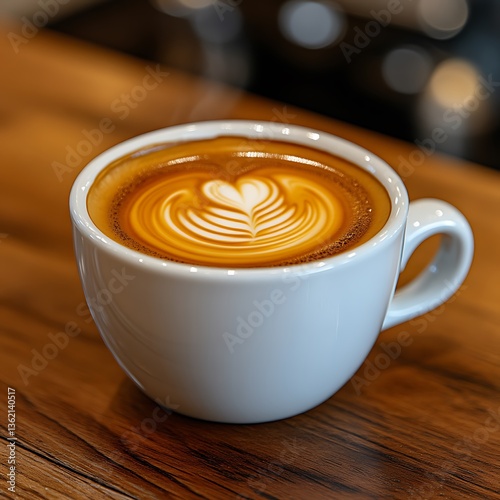 Steaming latte art, cafe counter, coffee shop, wooden table, beverage menu