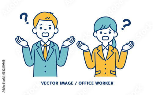 なぜ？と肩をすくめる、男女の会社員のシンプルなベクターイラスト素材＿線の編集可能