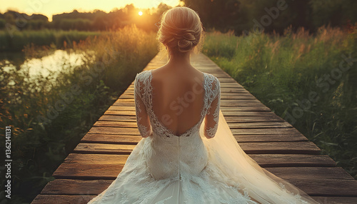 Bride gazes at sunset over a boardwalk and river