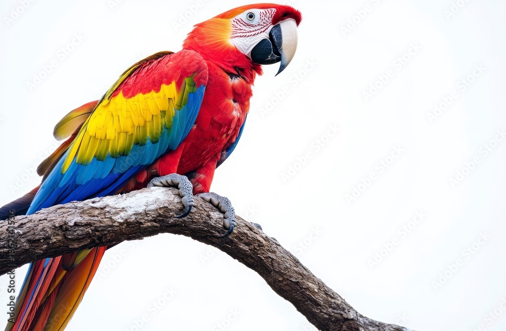 Obraz premium Scarlet Macaw Perched on Branch, Displaying Vibrant Plumage Against White Background