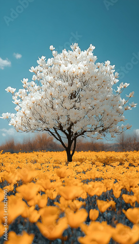 Blooming tree White blossoms contrast yellow meadow under blue sky