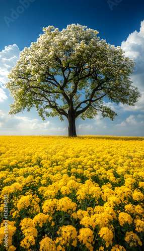 Blooming tree above yellow flowers