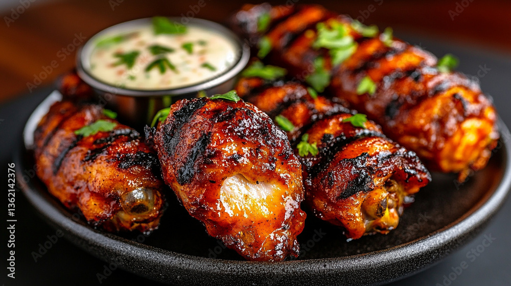 Spicy chicken wings and legs in a bowl with sauce. Spicy chicken wings and legs in a bowl with sauce.