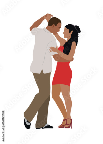 Dancing People, Dancer Bachata, Salsa, Flamenco, Tango, Latina Dance. Dancing couple in dance pose wearing formal outfit. Cartoon style flat vector illustrations isolated 