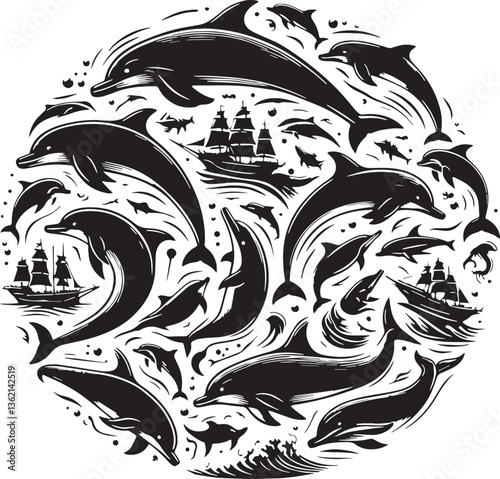 Black Color Dolphin Silhouette Vector Illustration, Solid White Background