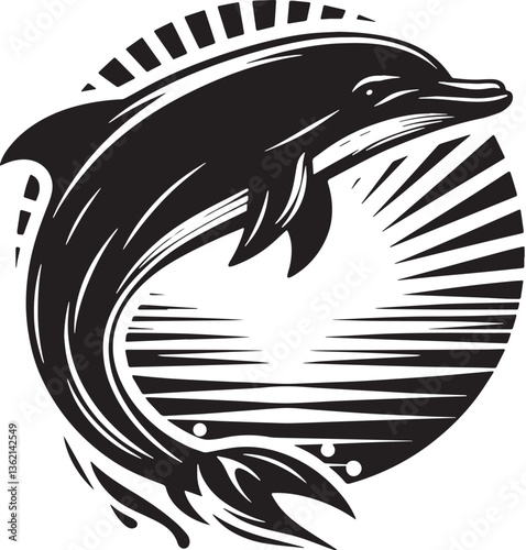 Black Color Dolphin Silhouette Vector Illustration, Solid White Background