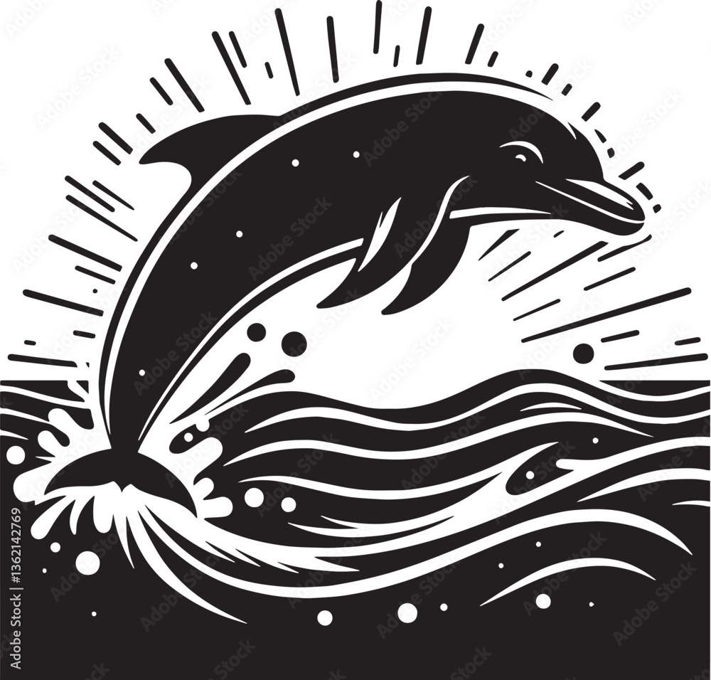 Fototapeta premium Black Color Dolphin Silhouette Vector Illustration, Solid White Background