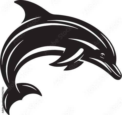 Black Color Dolphin Silhouette Vector Illustration, Solid White Background
