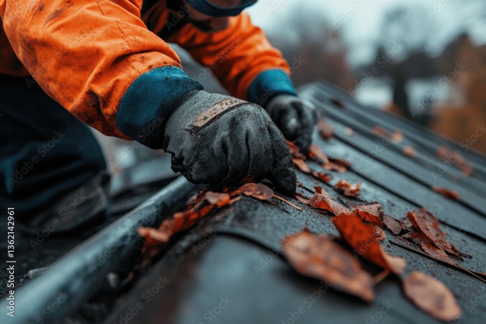 Worker clears leaves from clogged roof gutter on a rainy day to prevent water damage and ensure proper drainage Generative AI Worker clears leaves from clogged roof gutter on a rainy day to prevent water damage and ensure proper drainage Generative AI