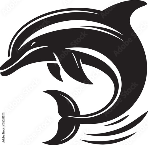Black Color Dolphin Silhouette Vector Illustration, Solid White Background