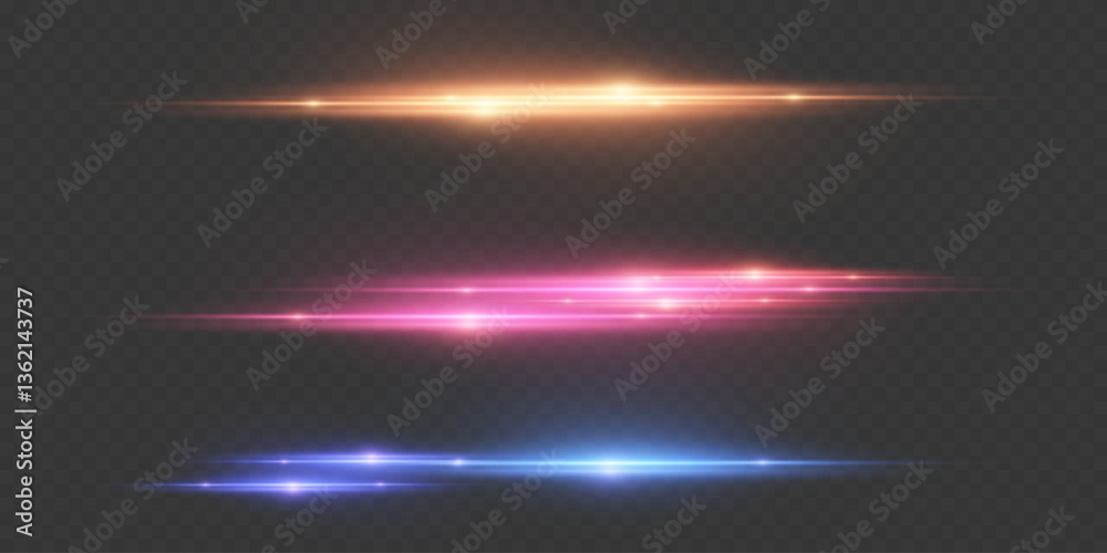 Obraz premium Set of horizontal light effects, flash beam. On a transparent background.