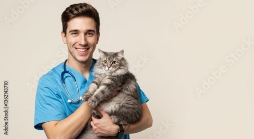 Smiling young male veterinarian holding a gray cat against a beige background