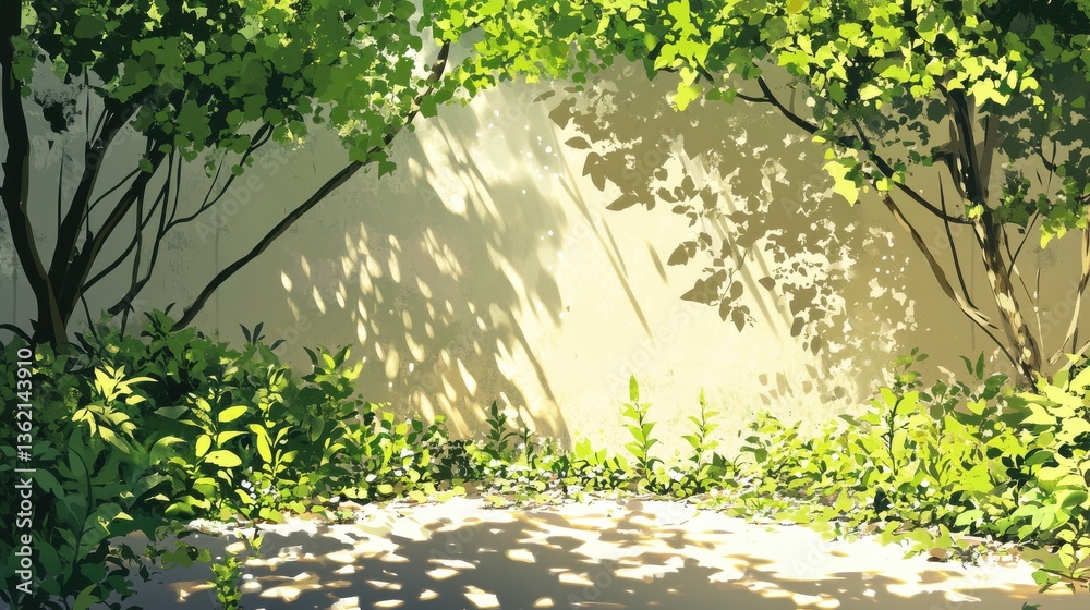 Fototapeta premium Beautiful garden with sunlight casting shadows through trees creating a dappled effect on the ground and wall illustration