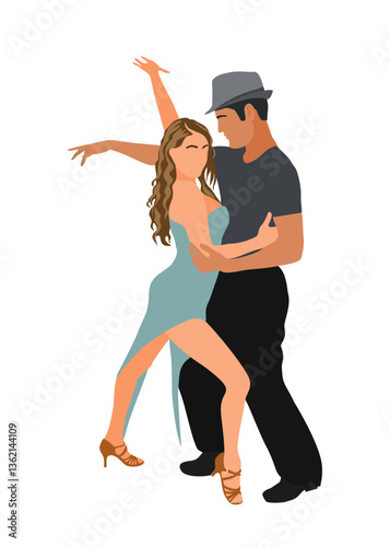 Dancing People, Dancer Bachata, Salsa, Flamenco, Tango, Latina Dance. Dancing couple in dance pose wearing formal outfit. Cartoon style flat vector illustrations isolated