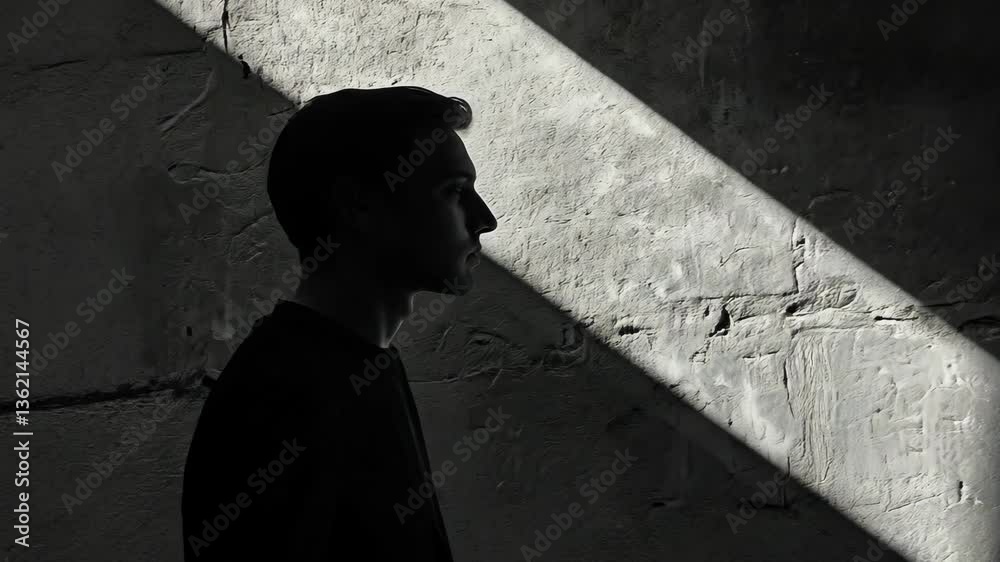 Silhouette of a man against a textured wall illuminated by dramatic lighting at an indoor location