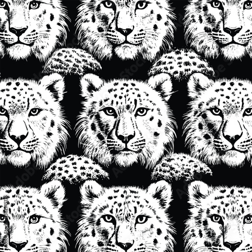 Black and White Leopard Line Art Seamless Pattern