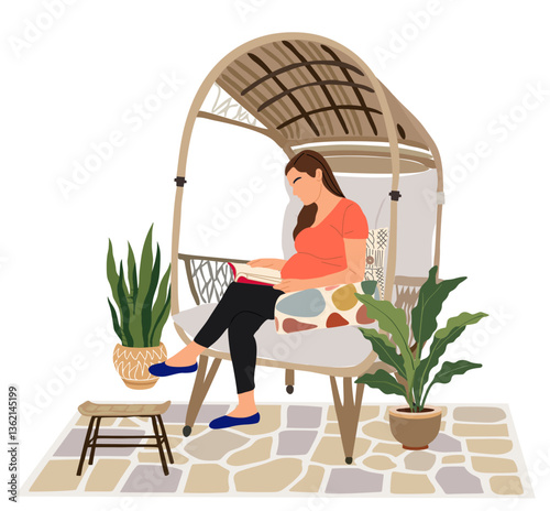 Pregnant woman sitting in a rattan chair reading book in comfortable garden terrace, patio with stone path, outdoor furniture and potted plants. Vector colorful cartoon flat illustration isolated.