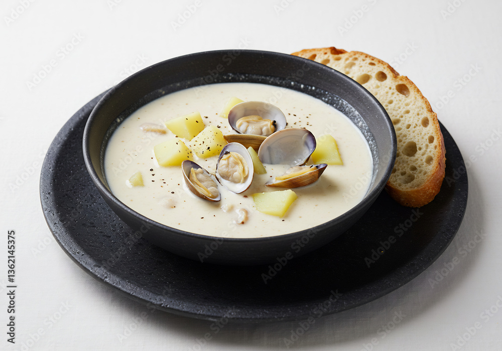 Creamy Clam Chowder with Potatoes and Crusty Bread in Black Bowl Creamy Clam Chowder with Potatoes and Crusty Bread in Black Bowl