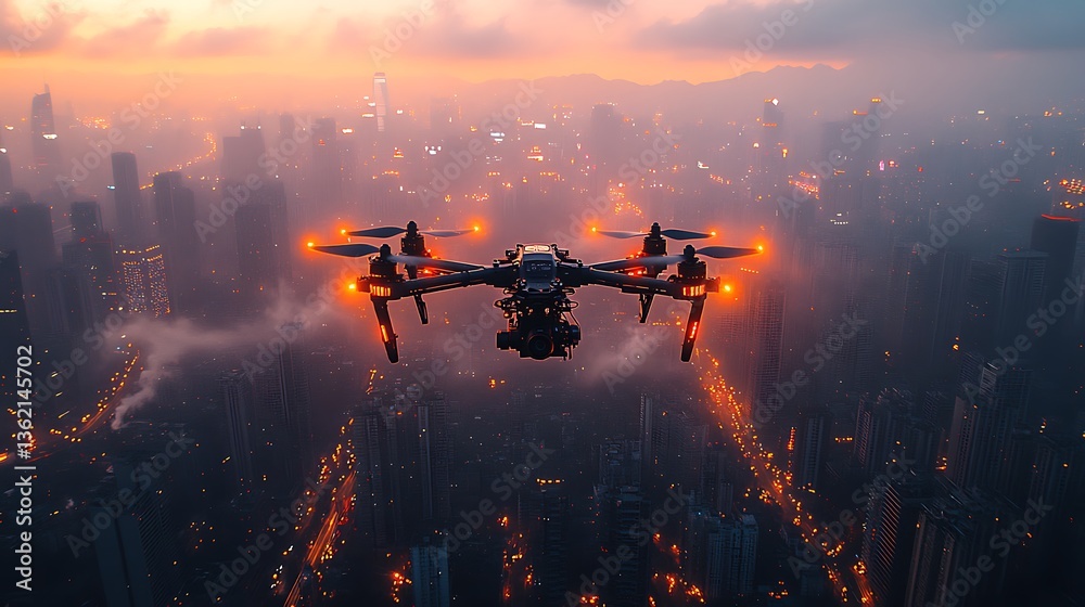 Naklejka premium Dynamic Drone Capturing Scenic Skyscrapers Streets Illuminated Dusk Sky Photo