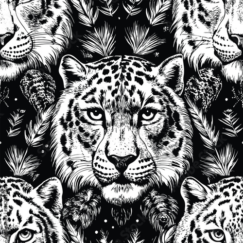 Fierce Leopard Line Art Seamless Vector Pattern