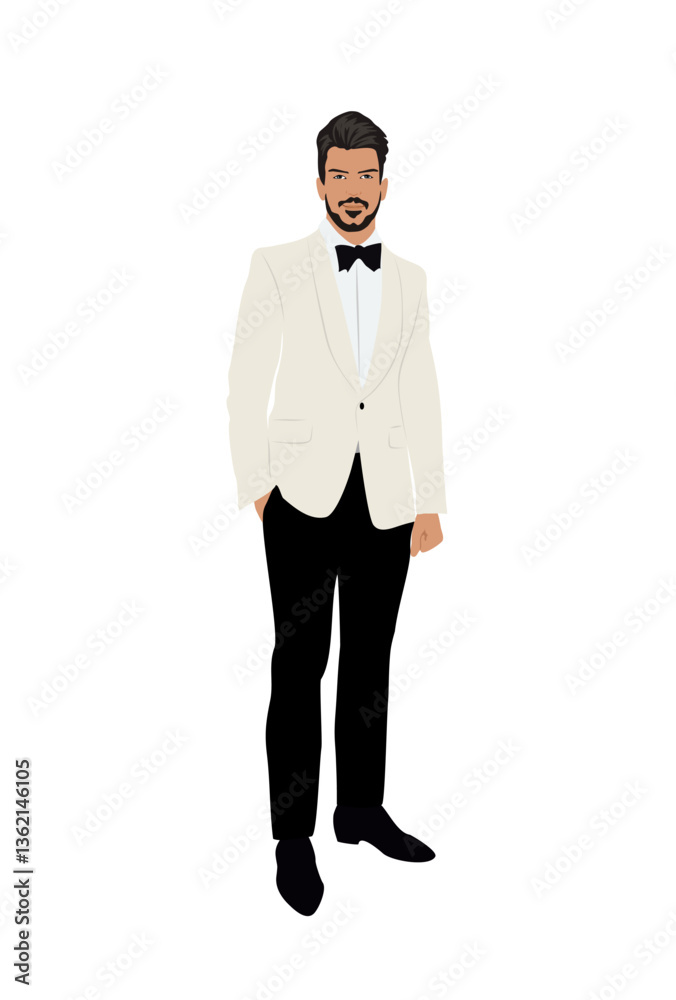 Attractive bearded man dressed in elegant ivory suit or tuxedo. Happy male cartoon character wearing formal or black tie evening clothing. Vector realistic illustration isolated Attractive bearded man dressed in elegant ivory suit or tuxedo. Happy male cartoon character wearing formal or black tie evening clothing. Vector realistic illustration isolated