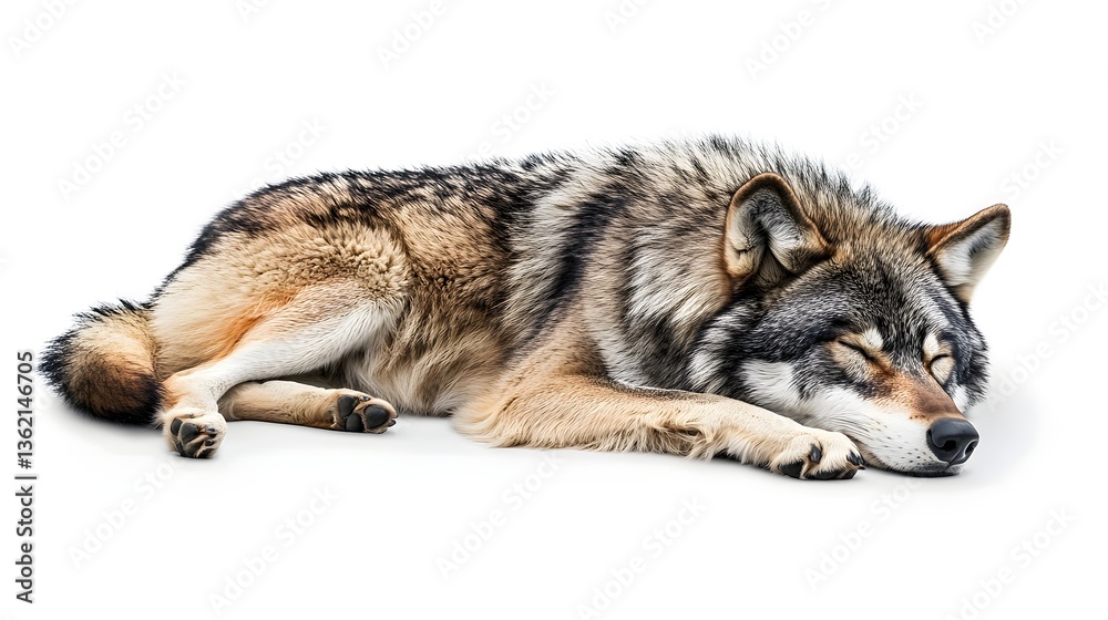 Obraz premium A resting wolf with details long title A majestic gray wolf resting peacefully on a plain white background showcasing its captivating features and