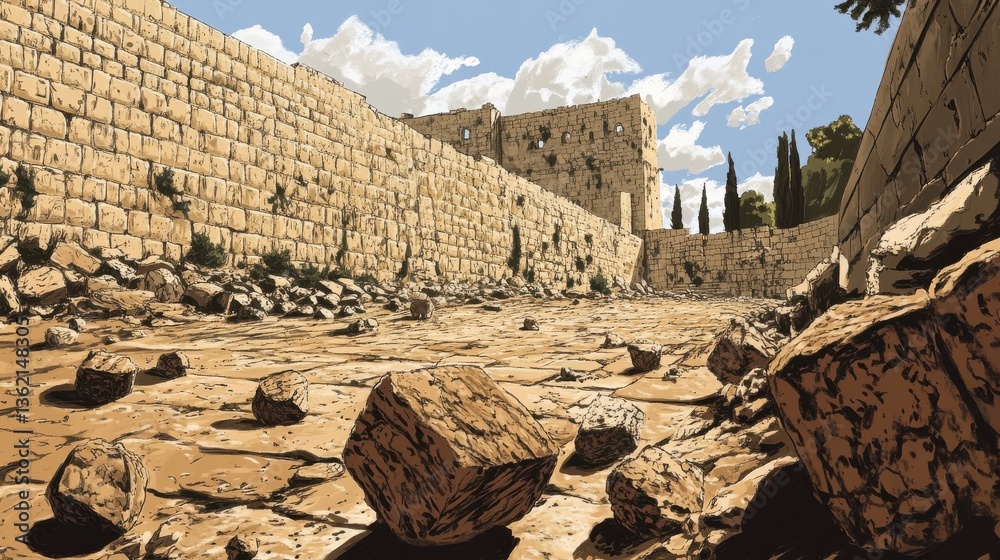 Fototapeta premium An up-close look at stones that fell from the Second Temple to the street below following the Roman destruction in 70 CE, near the southern section of the Western Wall (Kotel) in Jerusalem illustrati