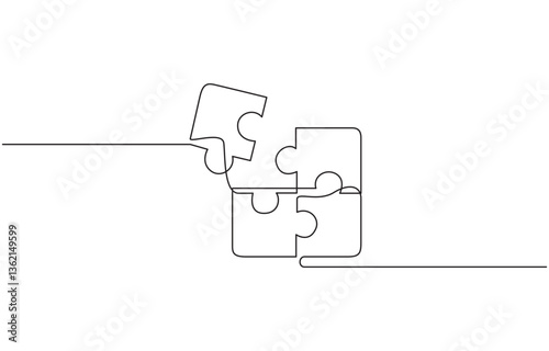 Puzzle icon continuous one line drawing and puzzle game, Continuous single line drawing of puzzle pieces. Problem solving and solution business metaphor.
