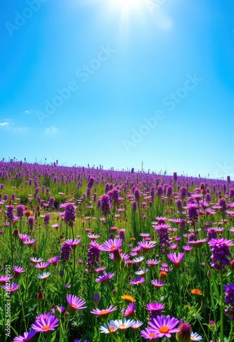 Wallpaper Mural A vibrant meadow bathed in sunlight, showcasing a dense carpet of purple and pink wildflowers against a clear blue sky, vibrant, blue sky Torontodigital.ca