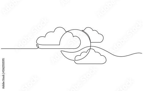 Cloud one line drawing, Continuous one line drawing of a cloud isolated on a simple background vector illustration, Sun and clouds continuous one line drawing.