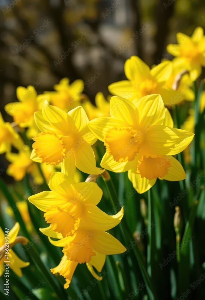 Close-up of vibrant yellow daffodils in full bloom, sunlight dappled, sunny, bright Close-up of vibrant yellow daffodils in full bloom, sunlight dappled, sunny, bright
