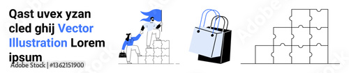 Woman placing puzzle pieces, shopping bags, and stacked puzzle blocks. Ideal for problem-solving, puzzle building, e-commerce, shopping, teamwork, organization flat landing page banner