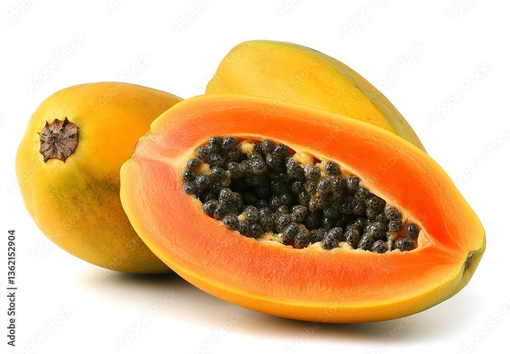 Fresh Papayas Whole and Halved Displayed on White Background for Recipes Fresh Papayas Whole and Halved Displayed on White Background for Recipes