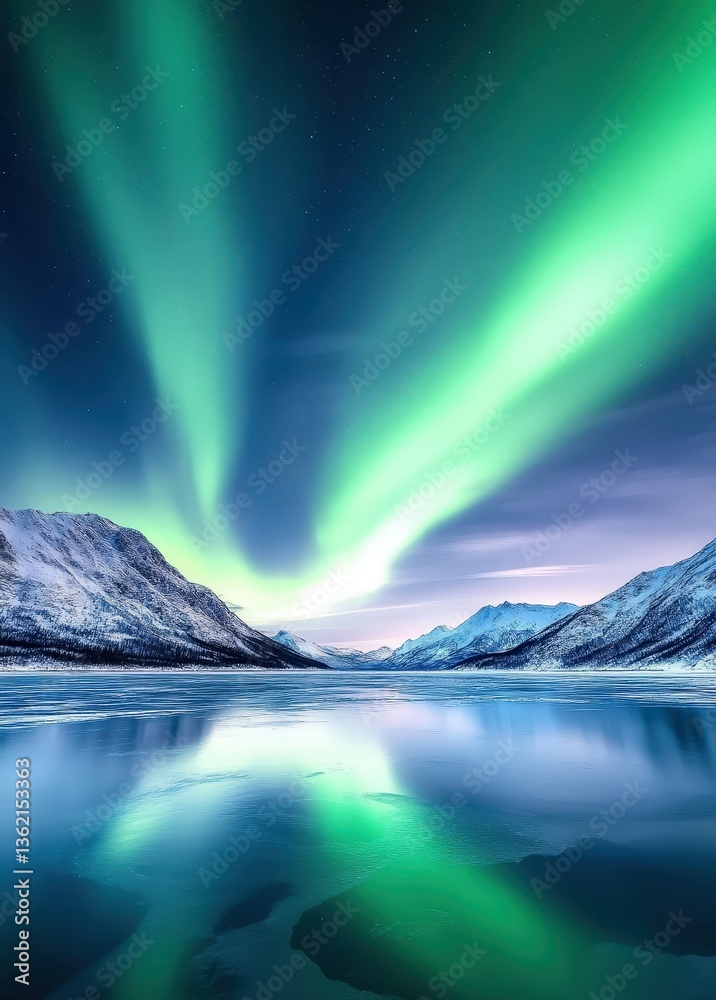 Naklejka premium A breathtaking view of the northern lights illuminating the night sky over snow-capped mountains and a calm lake, creating a stunning natural landscape.