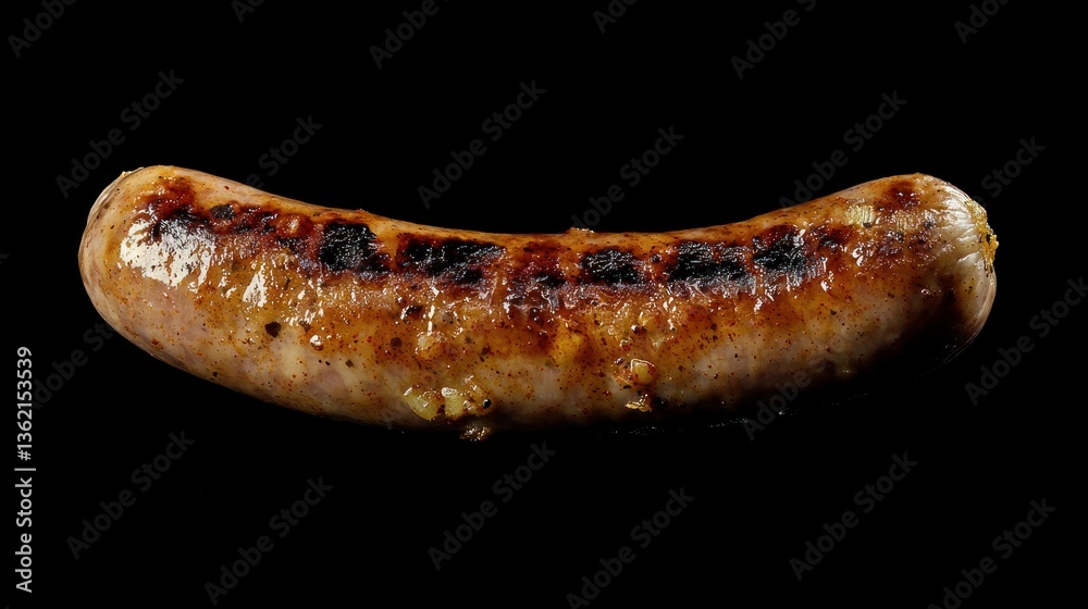 Close-up of a grilled sausage on a black background. The sausage is light brown with dark grill marks and a slightly glistening surface Close-up of a grilled sausage on a black background. The sausage is light brown with dark grill marks and a slightly glistening surface