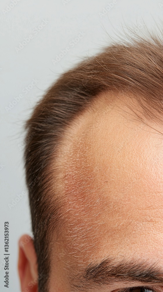 Fototapeta premium Close up of Man's Scalp with Dandruff, Brown Hair, Neutral Background
