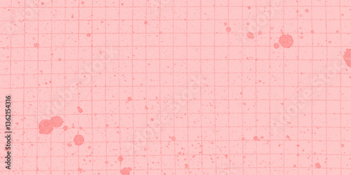 Pastel pink paint splashes and ink sprays on checkered paper sheet. Gritty halftone texture, noisy effect. Stains and watercolor drips.