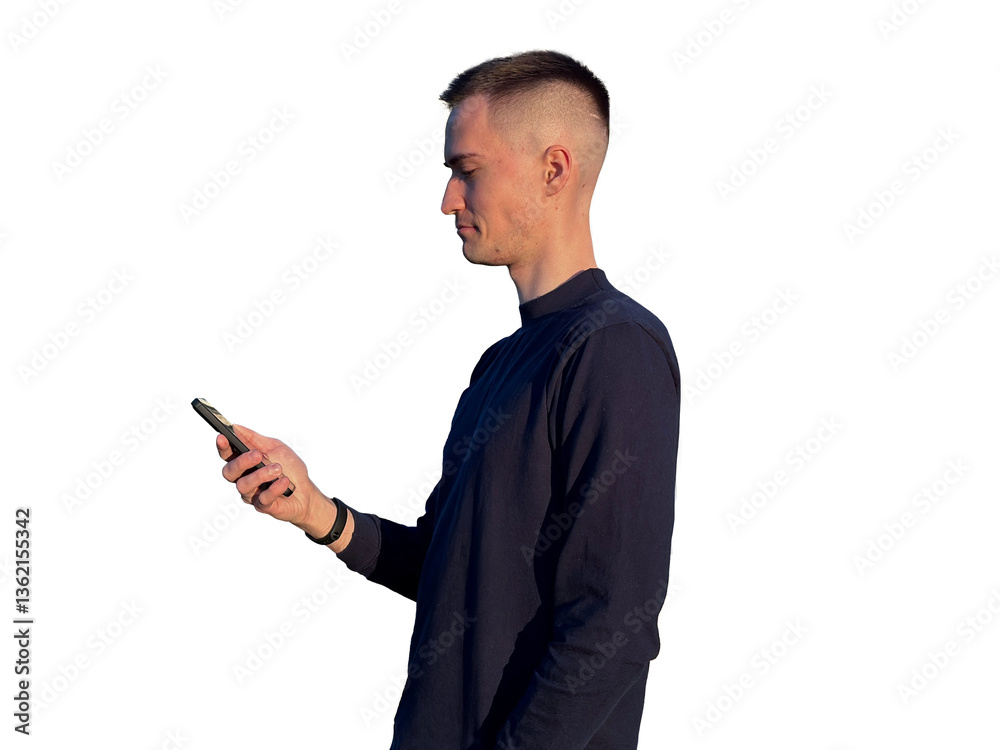 Man in blue sweater using his smartphone Man in blue sweater using his smartphone