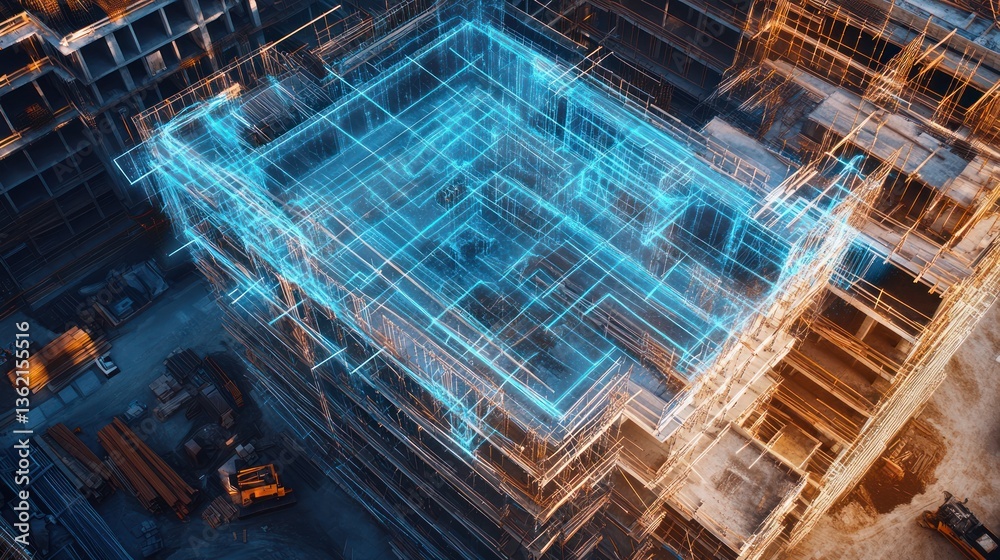 Construction site overlaid with architectural plan. Aerial view. Possible use stock photo Construction site overlaid with architectural plan. Aerial view. Possible use stock photo