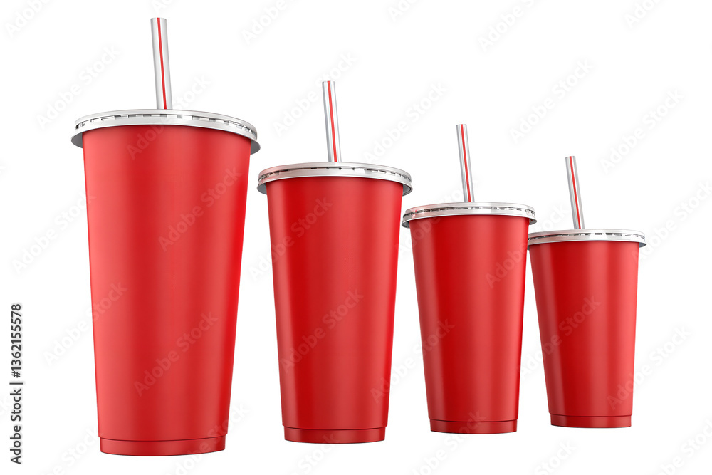 Red Disposable Cups with Straws Isolated on White or Transparent PNG Background Red Disposable Cups with Straws Isolated on White or Transparent PNG Background