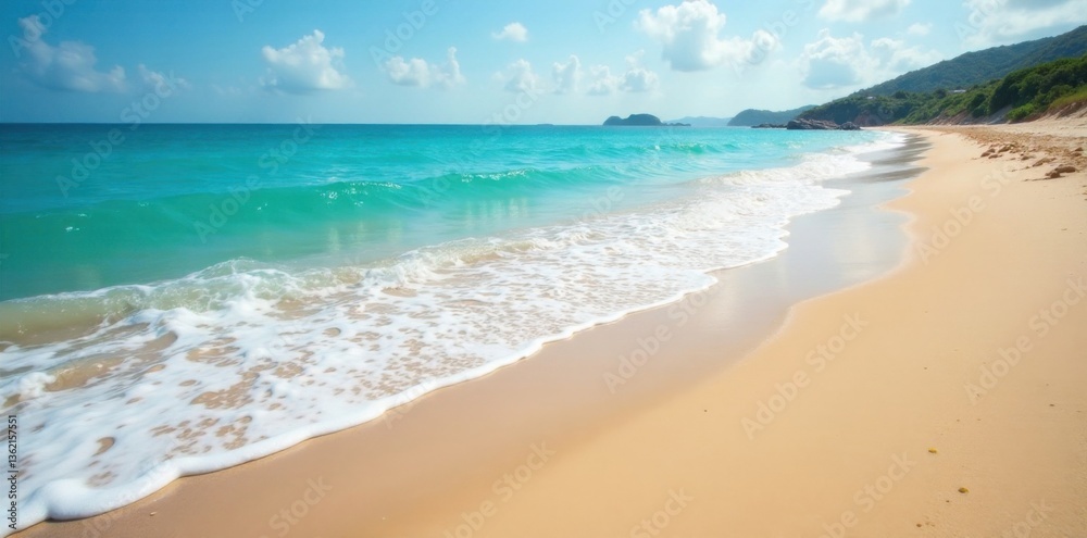Fototapeta premium Sandy beach with gentle waves washing over the shore, blue, serene, calm