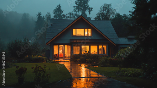 Cozy house illuminated warmly amidst a rainy, misty evening landscape.