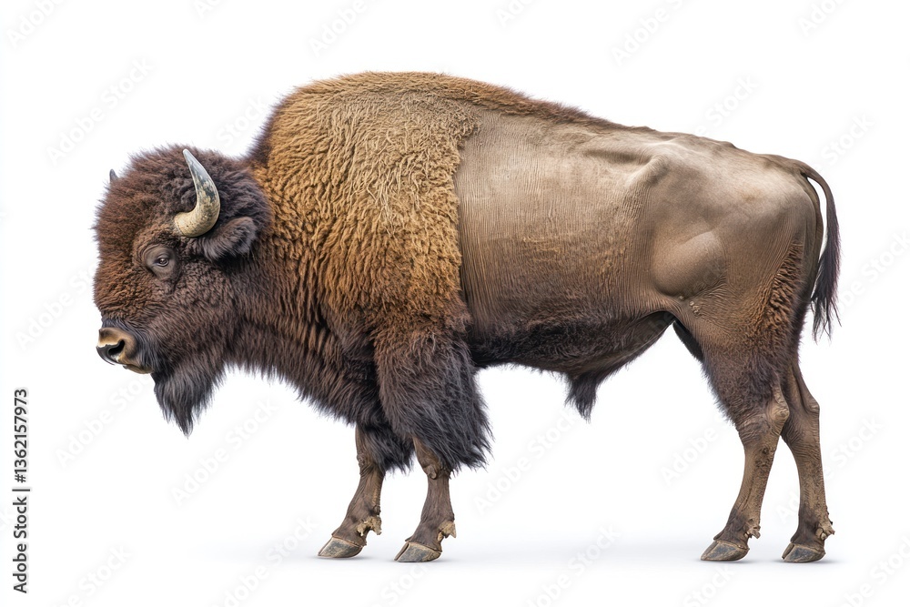 Standing American Bison Profile View on White Background Wildlife Concept Standing American Bison Profile View on White Background Wildlife Concept