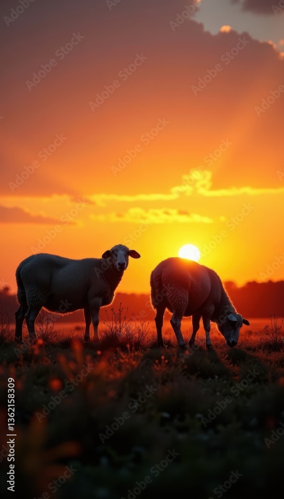 Fototapeta premium Silhouette of a sheep grazing in a field at sunset, rural, farm life