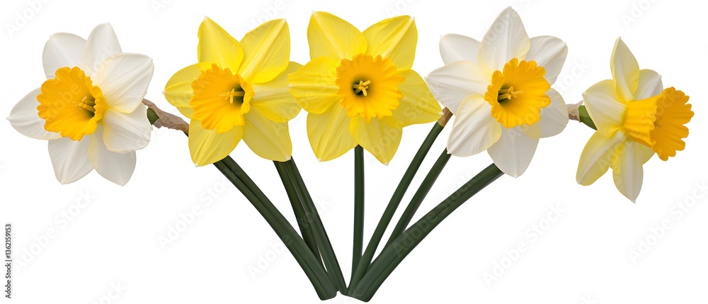 Fototapeta premium Five Beautiful Daffodils Spring Flowers Bouquet Isolated White Background