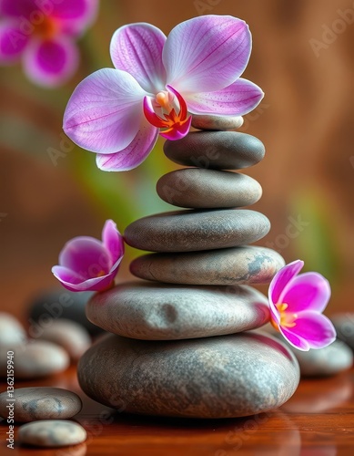 Serene stacked stones, delicate pink orchid atop, close-up, beauty, color