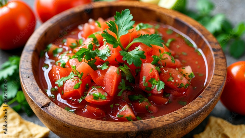 Fresh tomato salsa served in rustic wooden bowl Fresh tomato salsa served in rustic wooden bowl