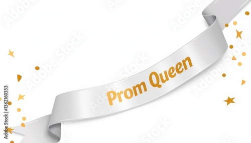 Elegant prom queen's sash with confetti on white background, celebration