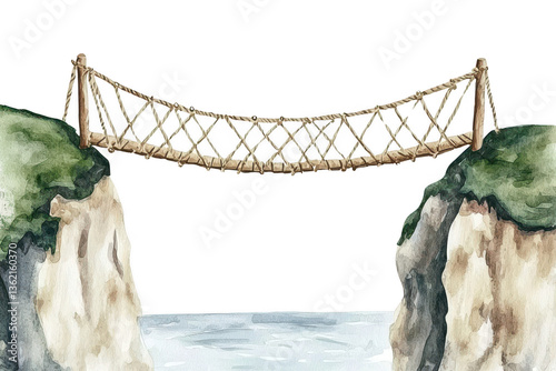 A hand-drawn illustration of a rope bridge connecting two rocky cliffs over calm waters, set against a black background.
